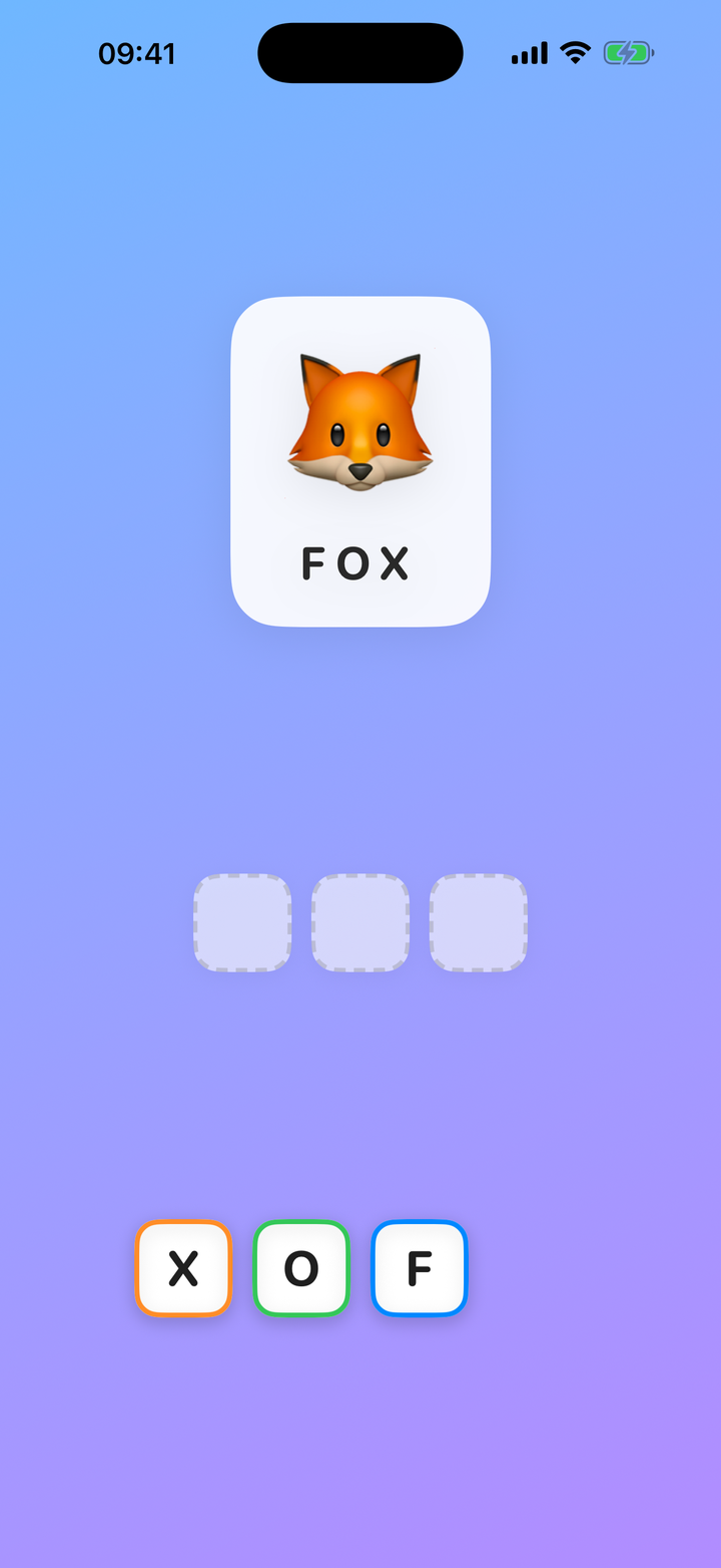 A spelling challenge in Spell to Play: a fox emoji above empty letter slots and lettered tiles to drag.